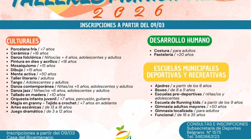Malabrigo abre las inscripciones para los Talleres Municipales 2026.